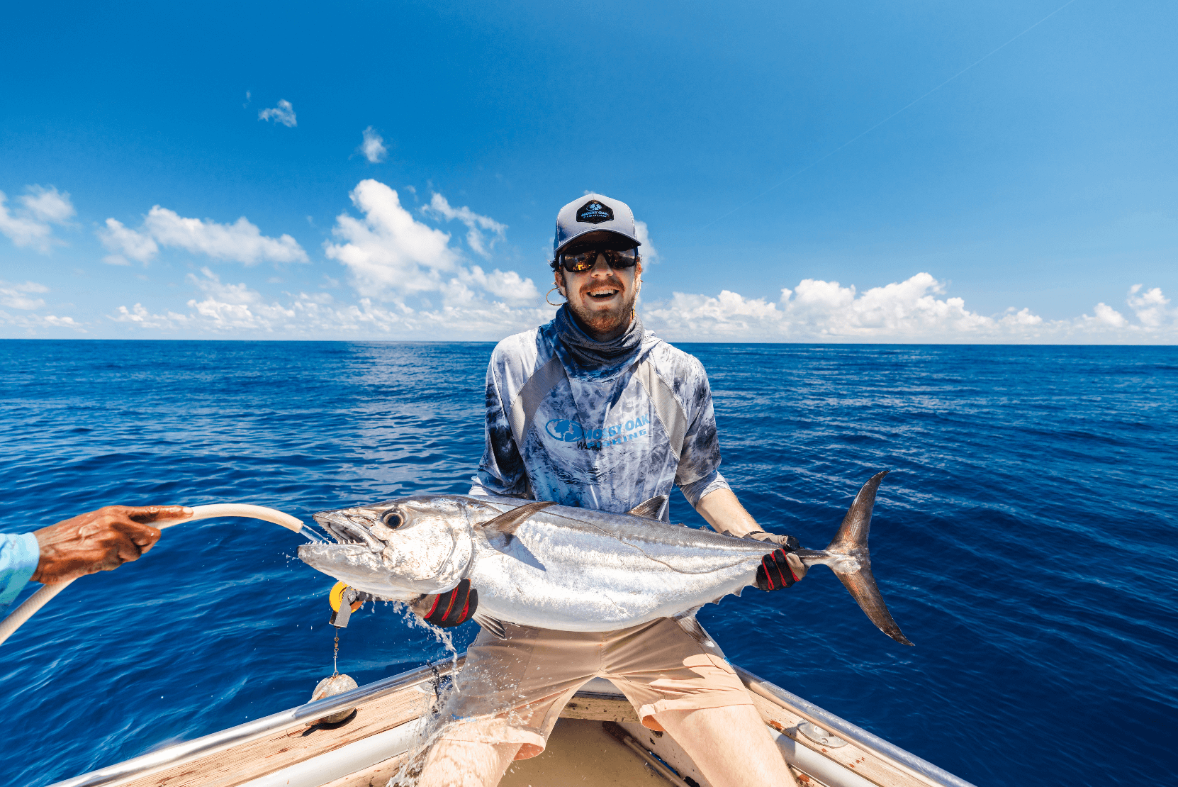 Dogtooth tuna with hose in its mouth